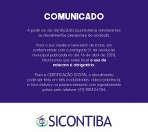 COMUNICADO Sicontiba – Retorno de atendimentos presenciais a partir de 06/05