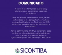 COMUNICADO Sicontiba – Retorno de atendimentos presenciais a partir de 15/07