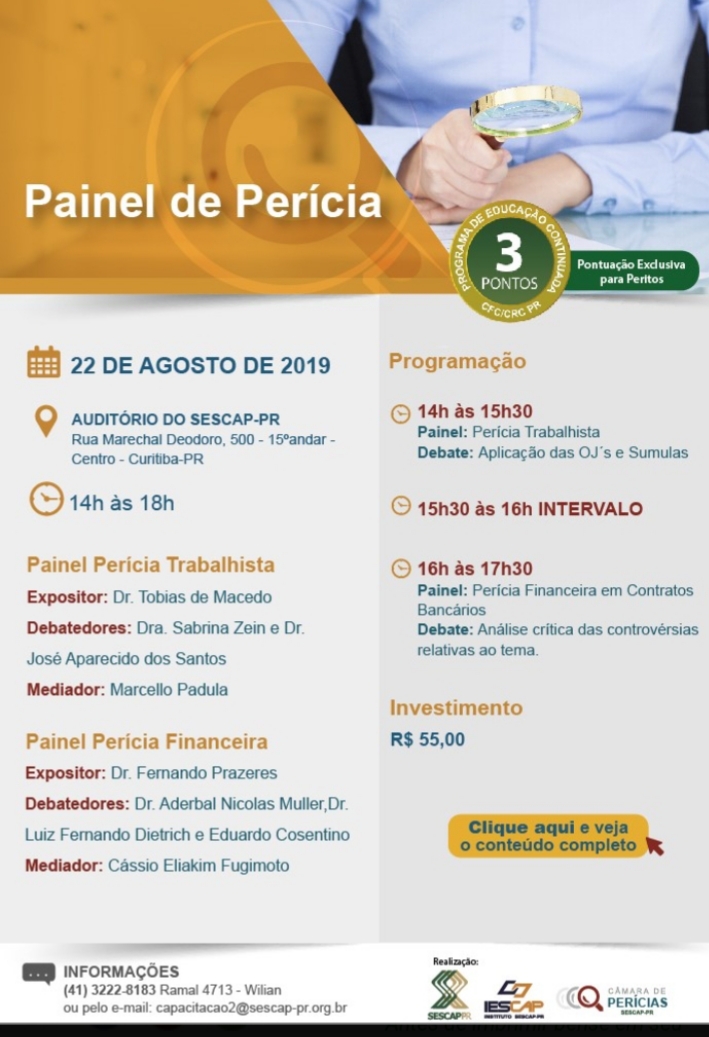 Painel de Perícias 22 de agosto – 3 pontos EPC para peritos – Sicontiba